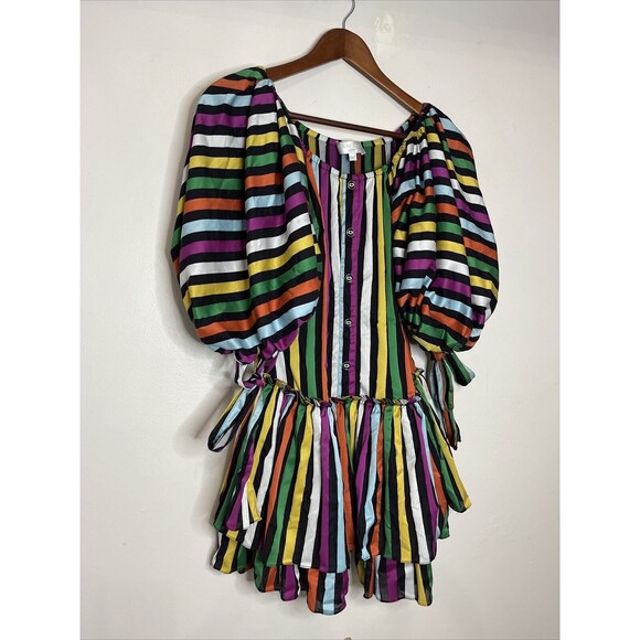 Caroline Constas Womens XS Striped Bella Dress Rainbow Striped Tiered Ruffle - Picture 2 of 10